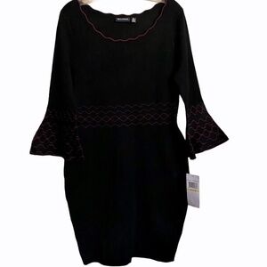 NWT Nina Leonard Black Burgundy Bell Sleeve Knit Bodycon Dress Size Medium
